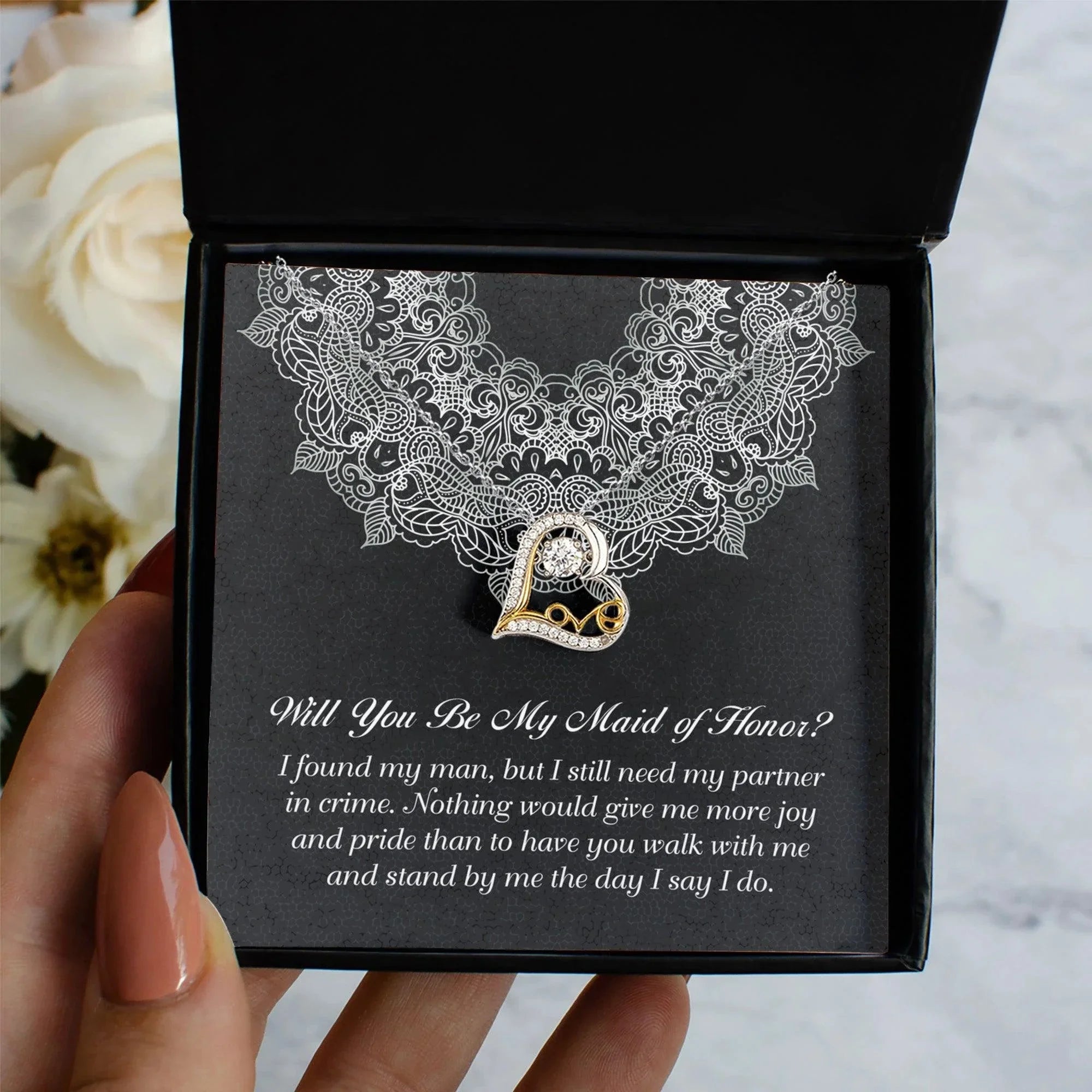 Maid of Honor Wedding Proposal Gift - Partner In Crime - Love Dancing Heart Pendant Necklace