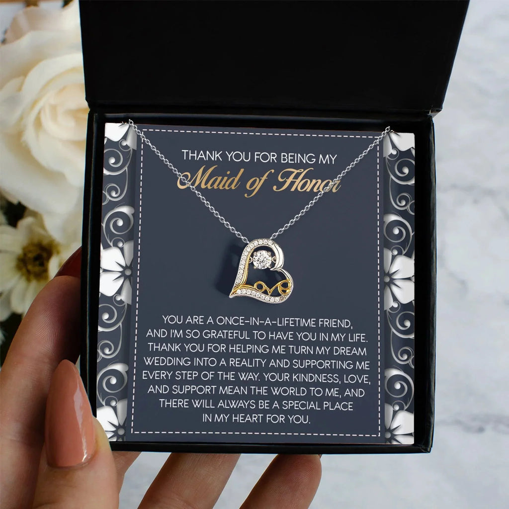 Maid of Honor Wedding Day Gift - You Mean the World To Me, Thanks - Love Dancing Heart Pendant Necklace