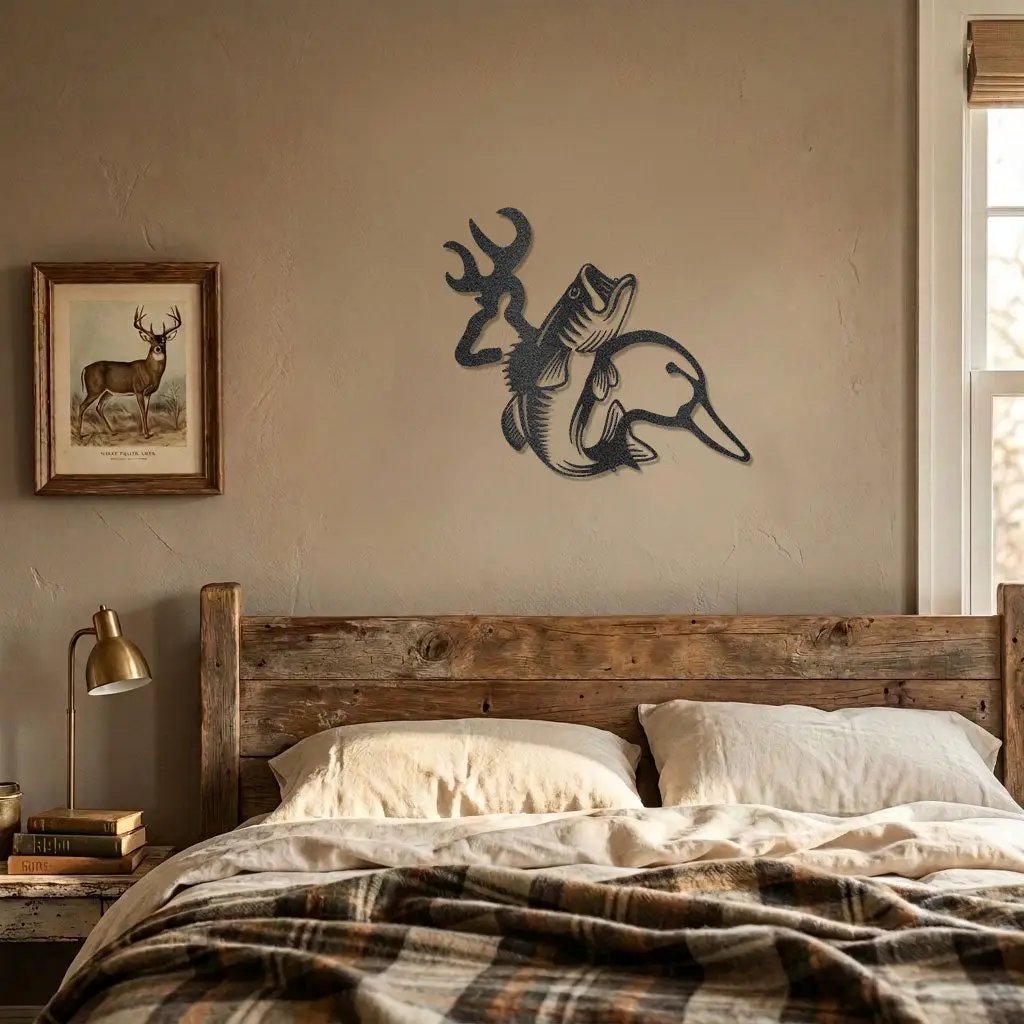 Hunting & Fishing Metal Wall Art – Deer, Duck and Bass Rustic Steel Sign