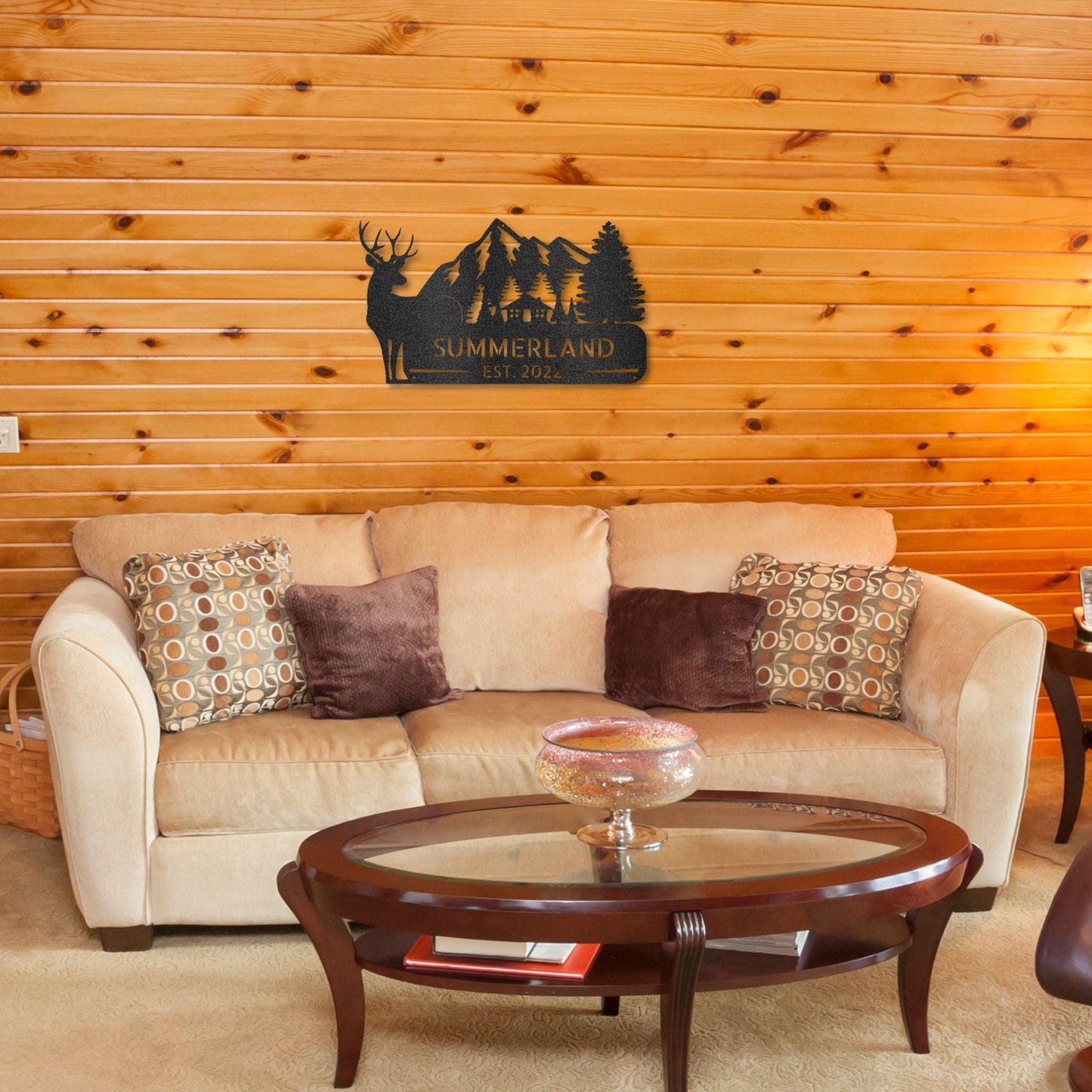 Deer and Cabin in the Woods Custom Name Metal Art Wall Sign - Mallard Moon Gift Shop
