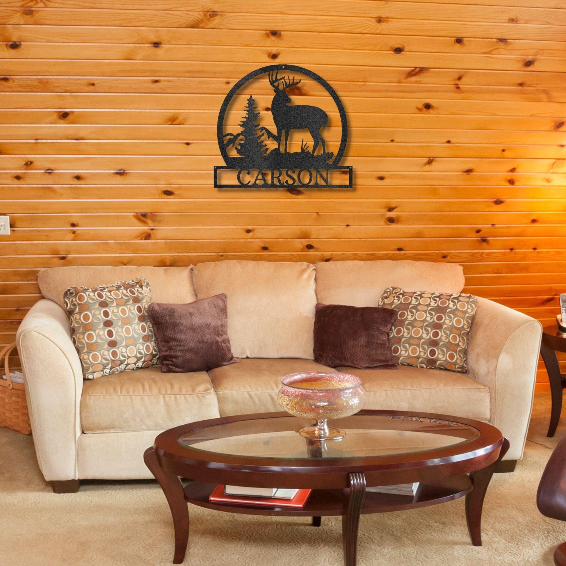 Deer Buck Mountain Scene Custom Name Metal Art Wall Sign - Mallard Moon Gift Shop