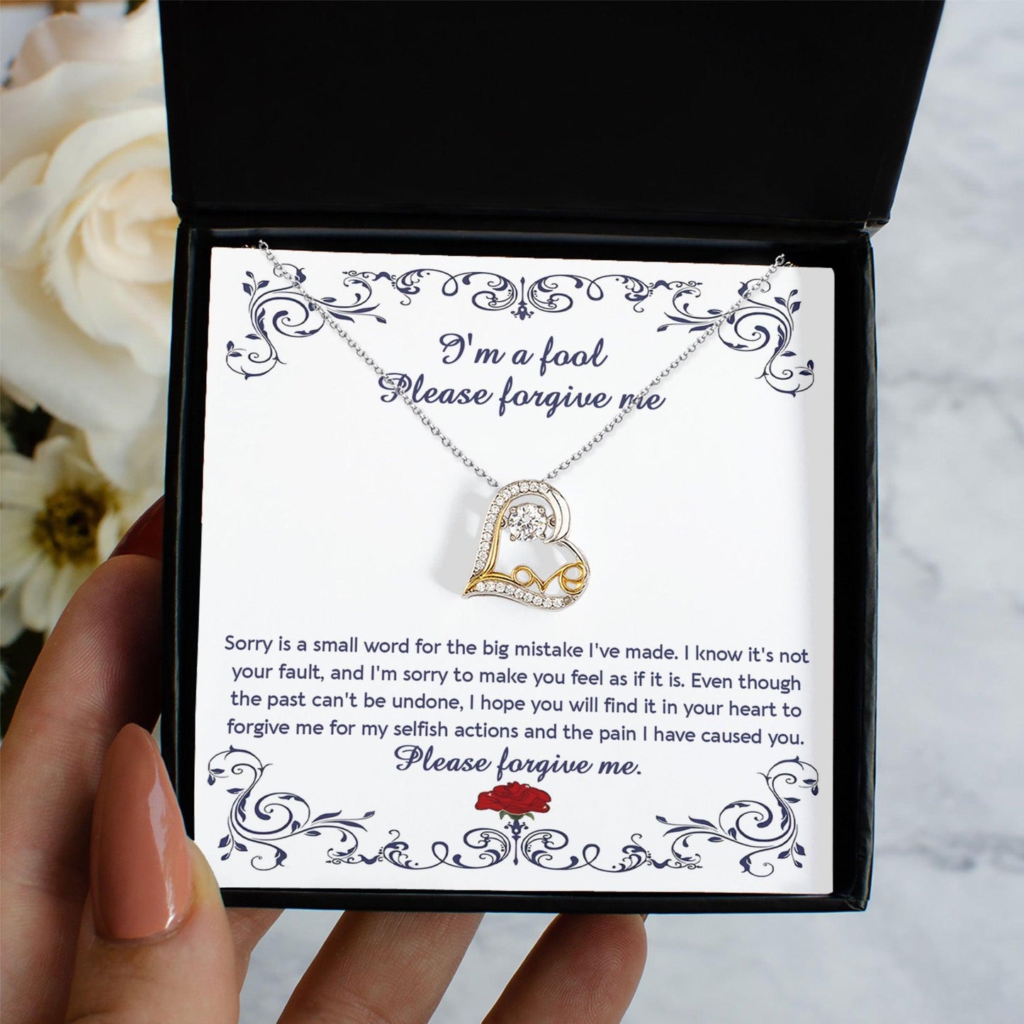 Apology Gift for Girlfriend, Wife, Soulmate - Sorry, I'm A Fool - Love Heart Pendant Necklace - Mallard Moon Gift Shop