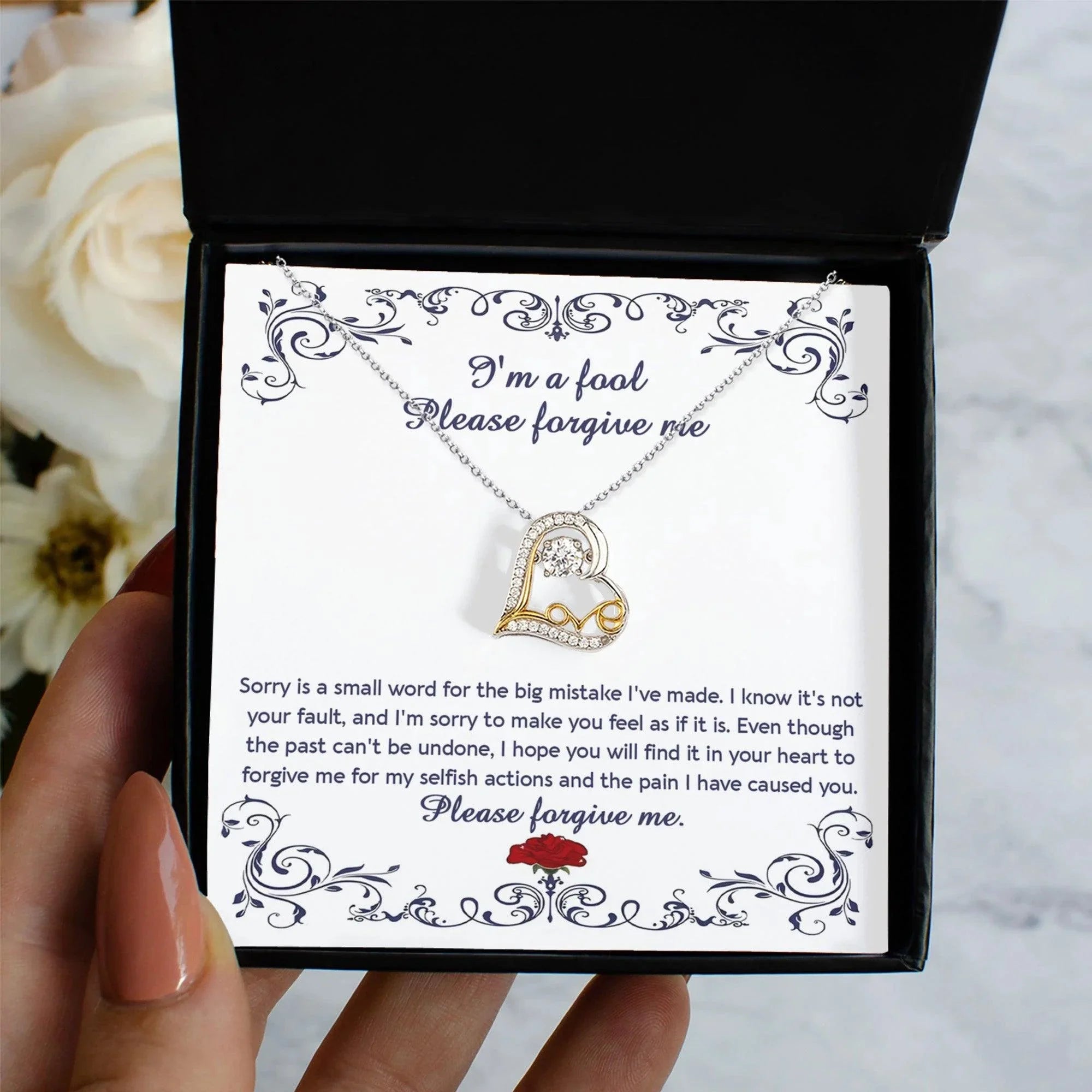 Apology Gift for Girlfriend, Wife, Soulmate - Sorry, I'm A Fool - Love Heart Pendant Necklace