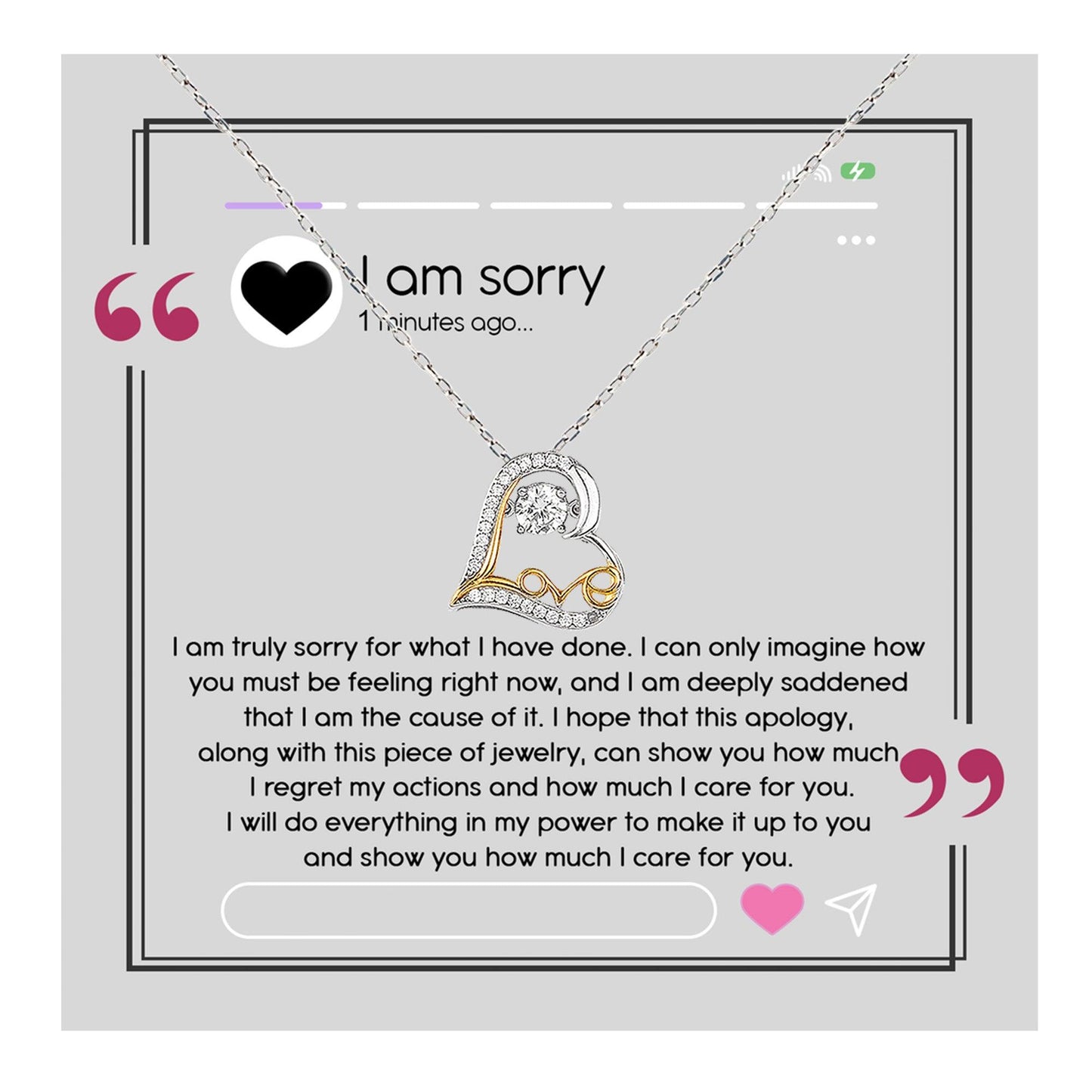 Apology Gift for Girlfriend, Wife, Soulmate - Sorry, I Care For You - Love Heart Pendant Necklace - Mallard Moon Gift Shop