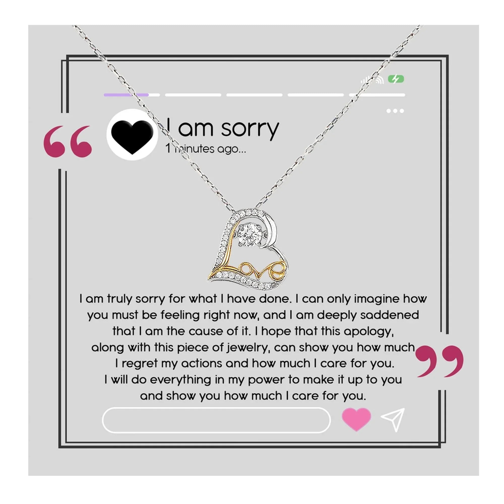 Apology Gift for Girlfriend, Wife, Soulmate - Sorry, I Care For You - Love Heart Pendant Necklace
