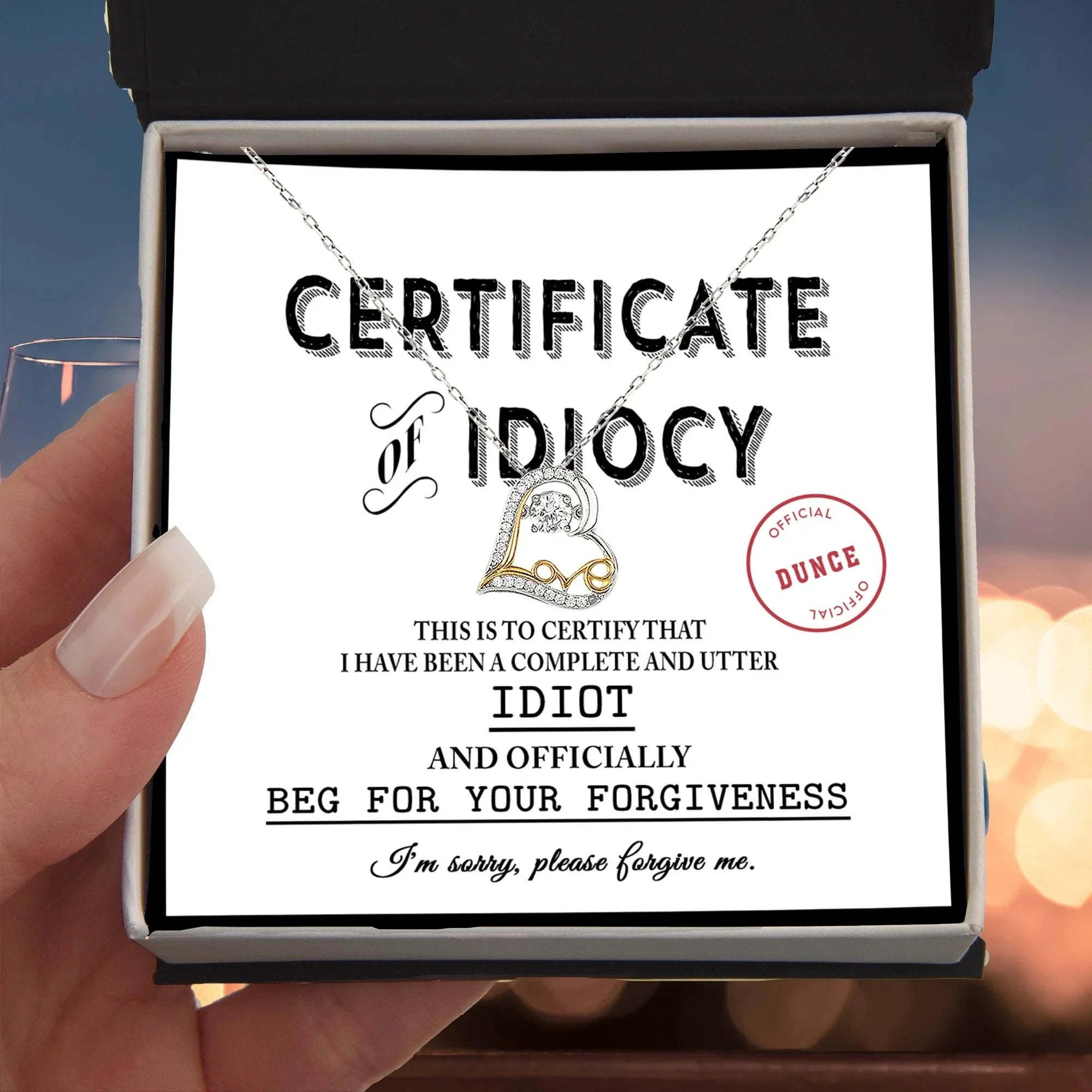 Apology Gift for Girlfriend, Wife, Soulmate - Sorry, Certificate Of Idiocy - Love Dancing Heart Pendant Necklace