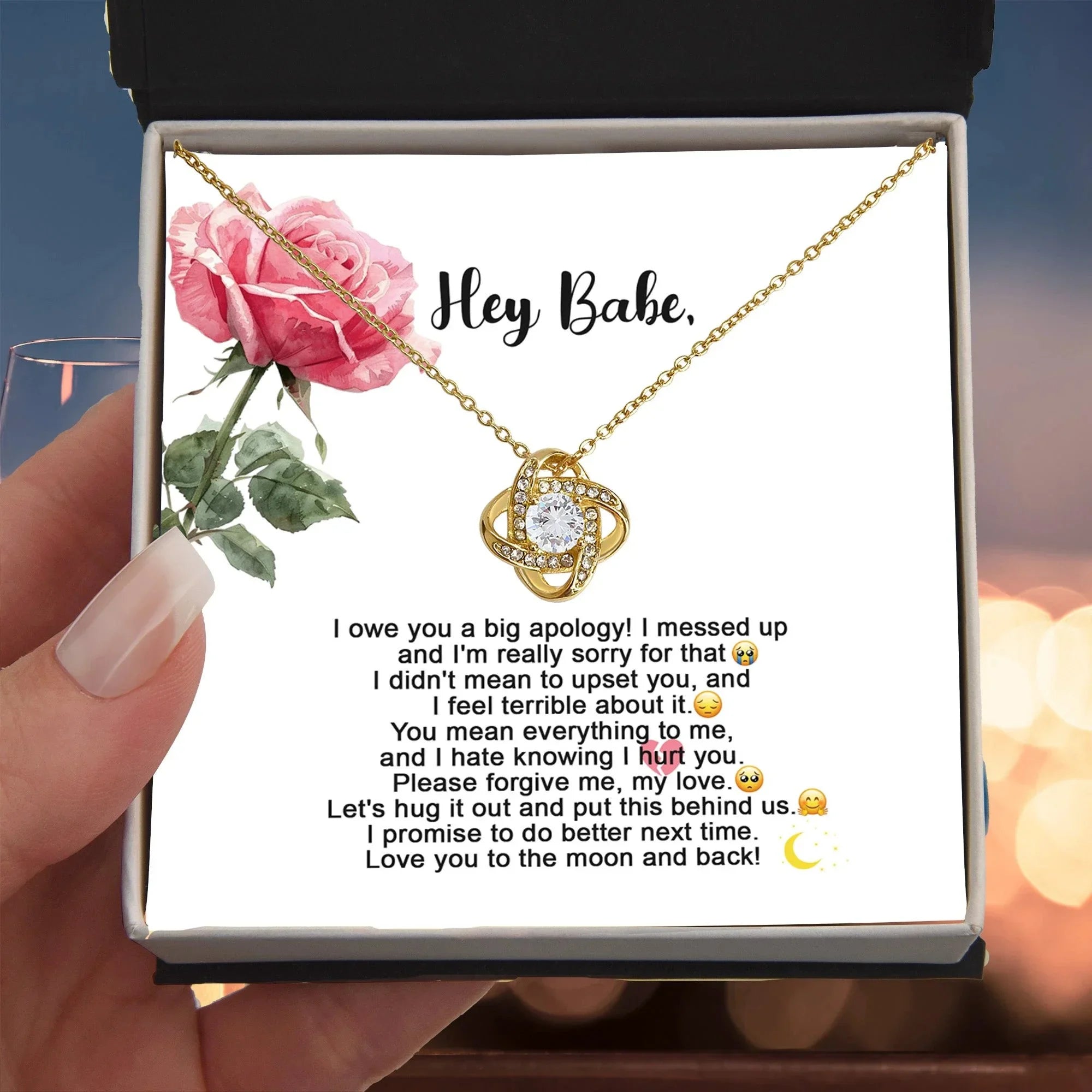 Hey Babe – I’m Sorry Love Knot Necklace | Heartfelt Apology Gift for Partner with Message Card