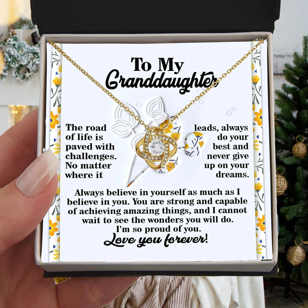 To My Granddaughter – Love Knot Necklace Gift | “Always Believe in Yourself” Encouragement Message Card | Grandparent Gift for Birthday, Graduation & Christmas
