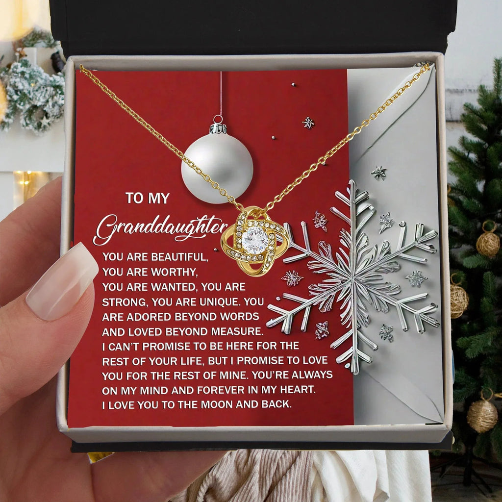 To My Granddaughter – Christmas Love Knot Necklace | “You Are Beautiful, Strong & Loved” Holiday Message Card | Grandparent Gift
