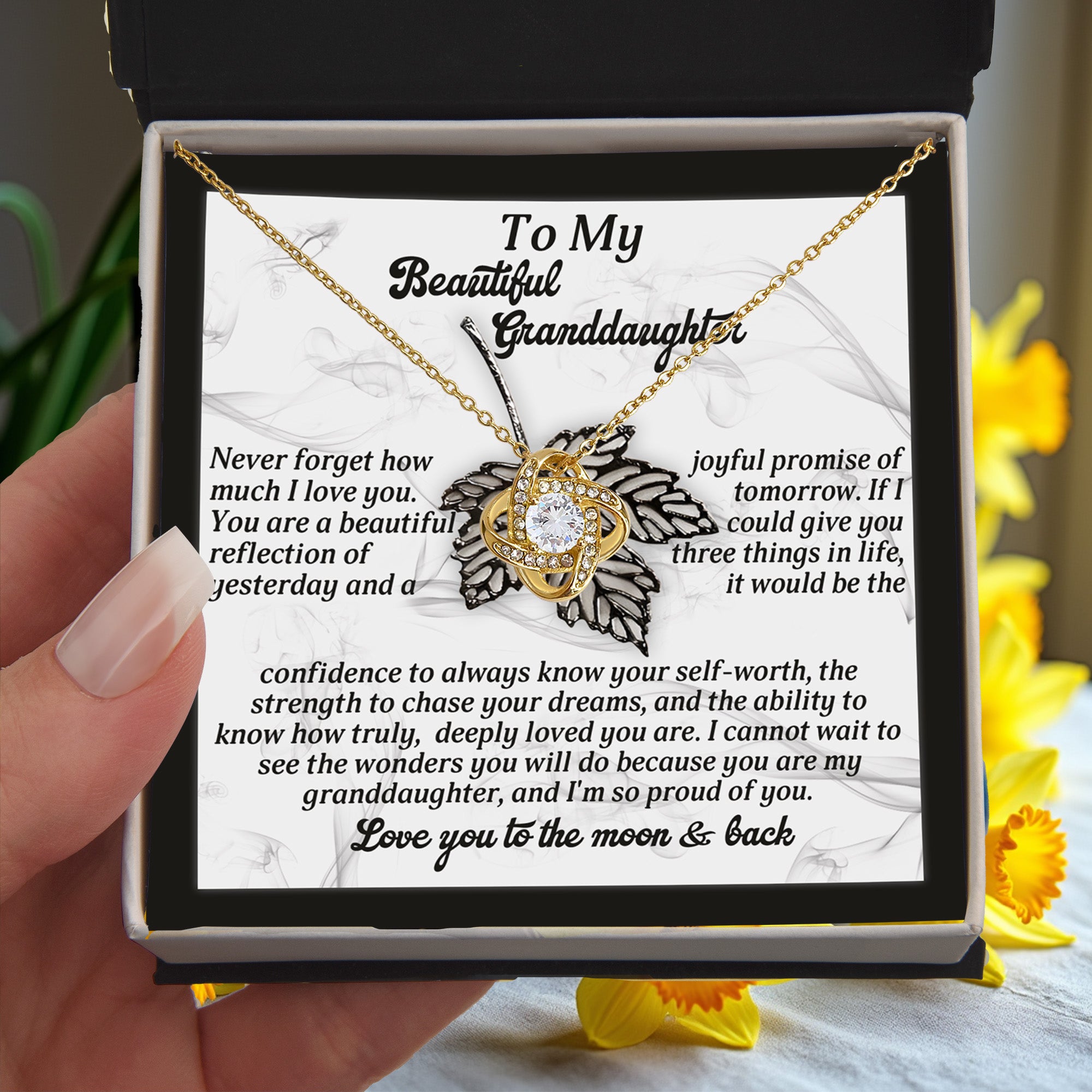 To My Beautiful Granddaughter – Love Knot Necklace Gift | “Love You to the Moon & Back” Message Card | Grandparent Gift for Birthday, Graduation, or Christmas