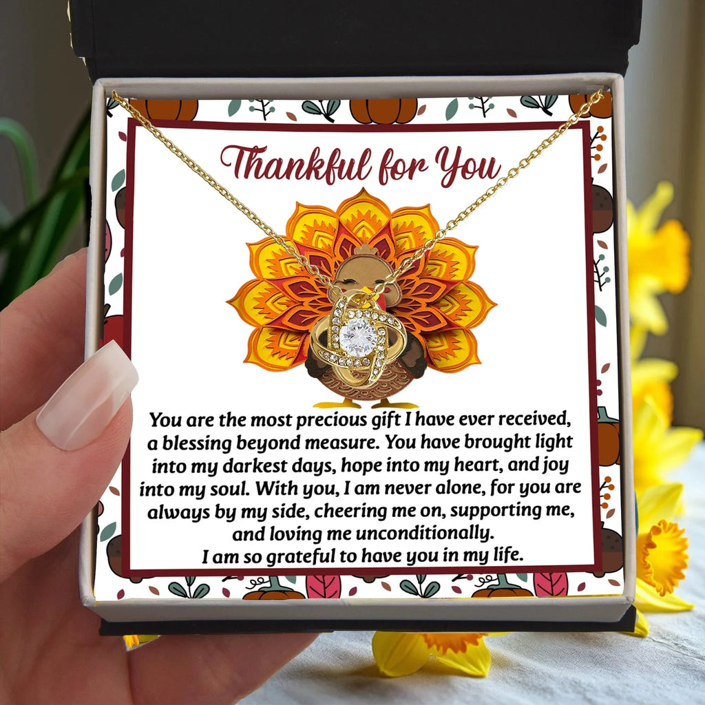 Thanksgiving Gift for Her – “Into My Heart” Love Knot Necklace with Message Card | Heartfelt Gift of Gratitude