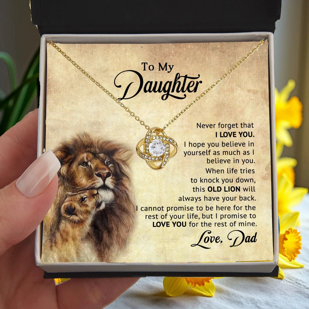 To My Daughter – “Old Lion” Dad & Daughter Love Knot Necklace | Inspirational Father-to-Daughter Gift with Heartfelt Lion Message Card