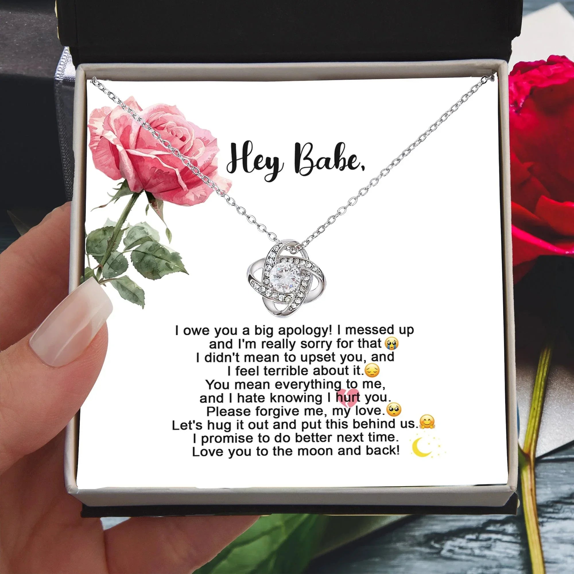 Hey Babe – I’m Sorry Love Knot Necklace | Heartfelt Apology Gift for Partner with Message Card