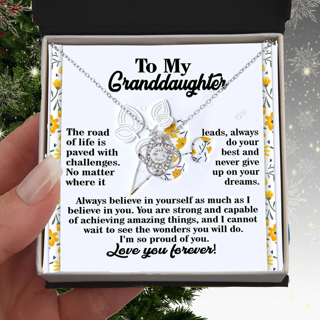 To My Granddaughter – Love Knot Necklace Gift | “Always Believe in Yourself” Encouragement Message Card | Grandparent Gift for Birthday, Graduation & Christmas