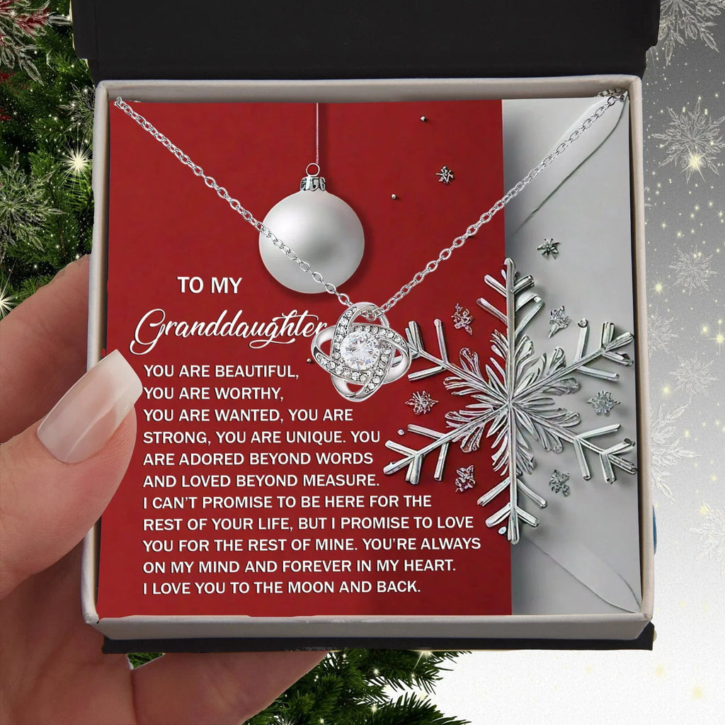 To My Granddaughter – Christmas Love Knot Necklace | “You Are Beautiful, Strong & Loved” Holiday Message Card | Grandparent Gift