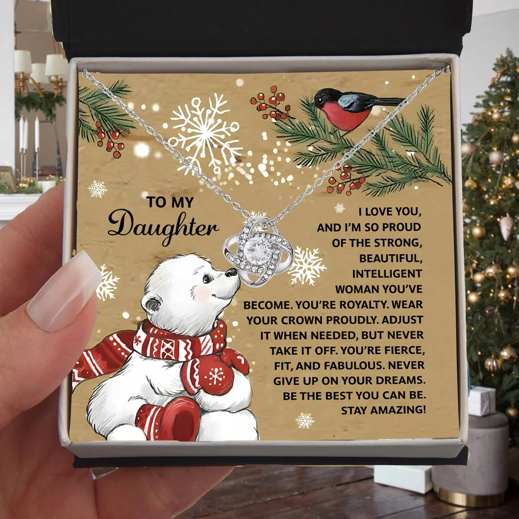 To My Daughter Christmas Love Knot Necklace – Holiday Gift with Polar Bear Message Card, Inspirational Daughter Jewelry, Christmas Gift from Mom or Dad