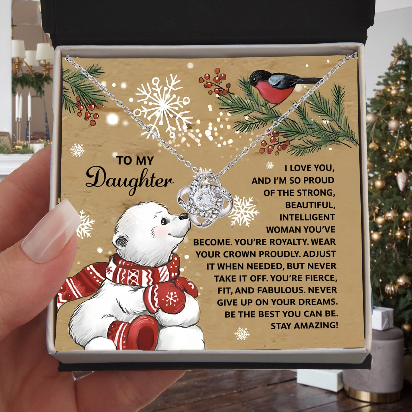 To My Daughter Christmas Love Knot Necklace – Holiday Gift with Polar Bear Message Card, Inspirational Daughter Jewelry, Christmas Gift from Mom or Dad