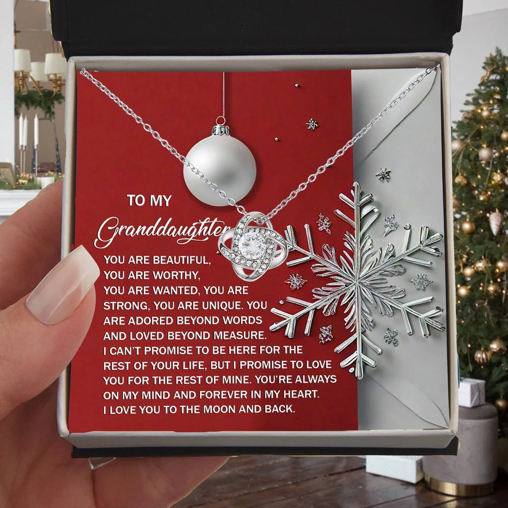 To My Granddaughter – Christmas Love Knot Necklace | “You Are Beautiful, Strong & Loved” Holiday Message Card | Grandparent Gift