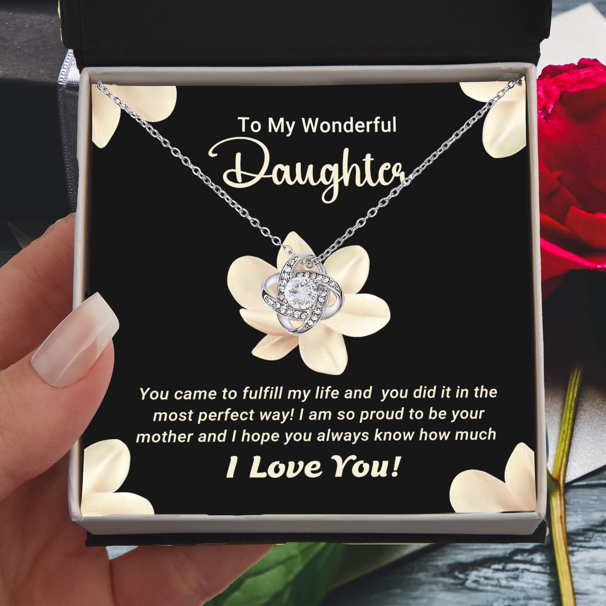 To My Wonderful Daughter – Love Knot Necklace with Magnolia Flower Message Card | Proud Mom Gift for Birthday or Graduation - Mallard Moon