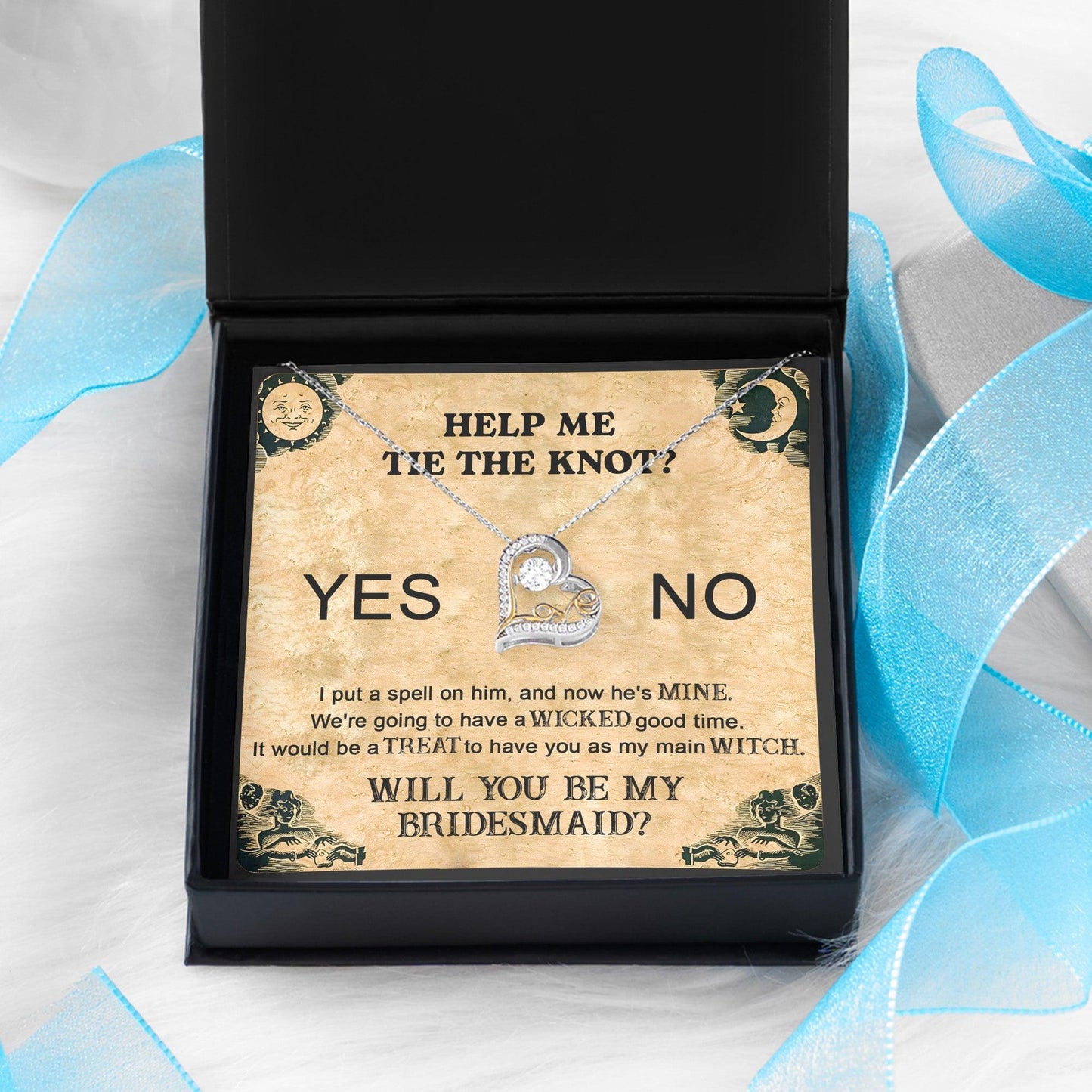 Bridesmaid Proposal Wedding Invite Will You Be My Main Witch Love Dancing Heart Pendant Necklace - Mallard Moon Gift Shop