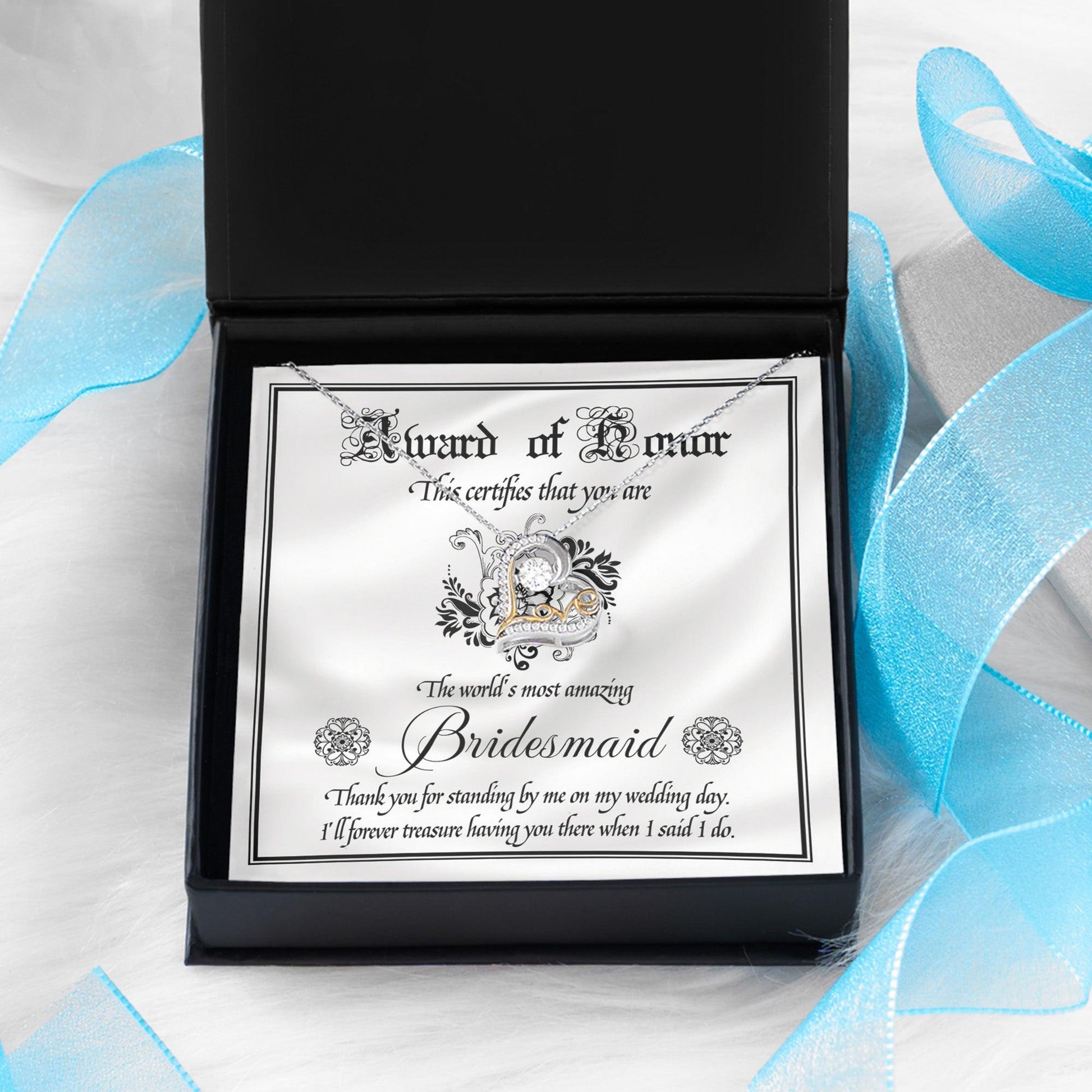 Bridesmaid Wedding Day Gift - Award Of Honor Thank You Card with Love Dancing Heart Pendant Necklace - Mallard Moon Gift Shop