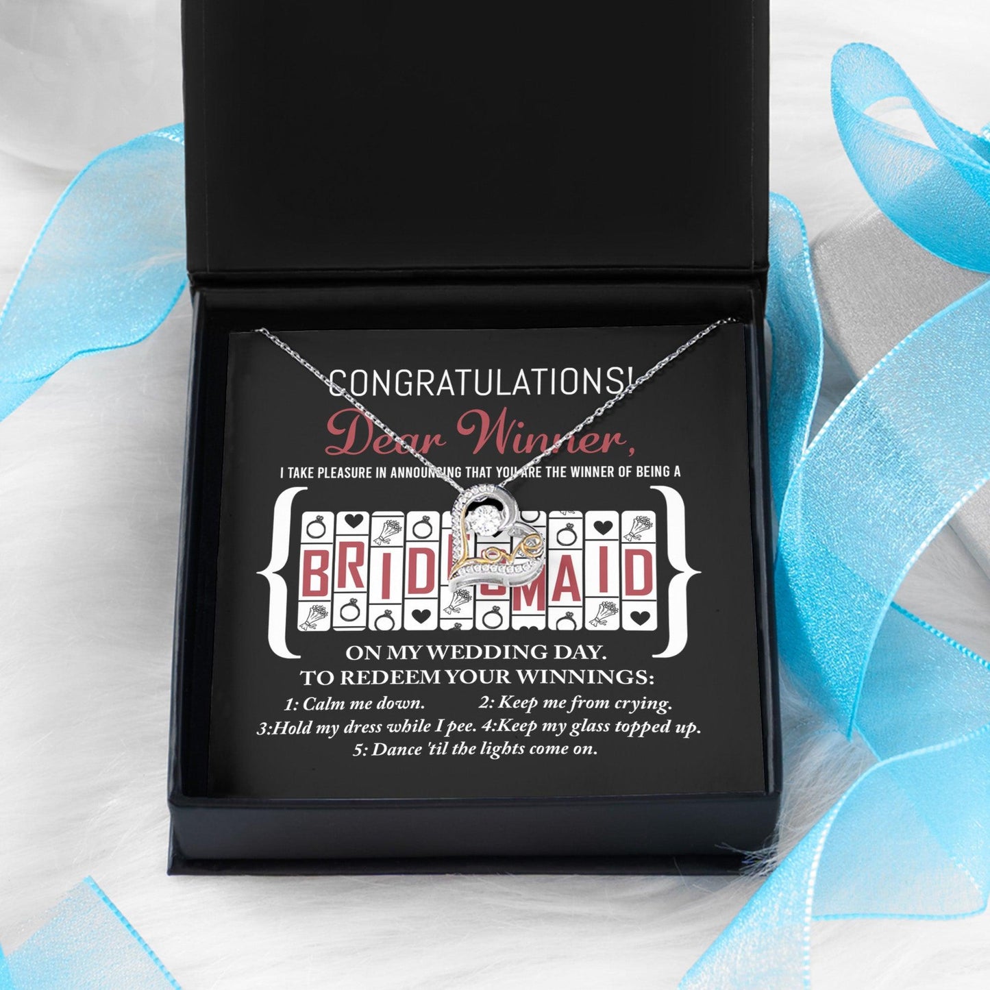 Bridesmaid Wedding Proposal Gift - The Winner Of Being My Bridesmaid - Love Dancing Heart Pendant Necklace - Mallard Moon Gift Shop