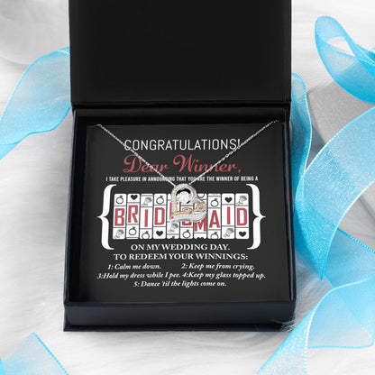Bridesmaid Wedding Proposal Gift - The Winner Of Being My Bridesmaid - Love Dancing Heart Pendant Necklace - Mallard Moon Gift Shop
