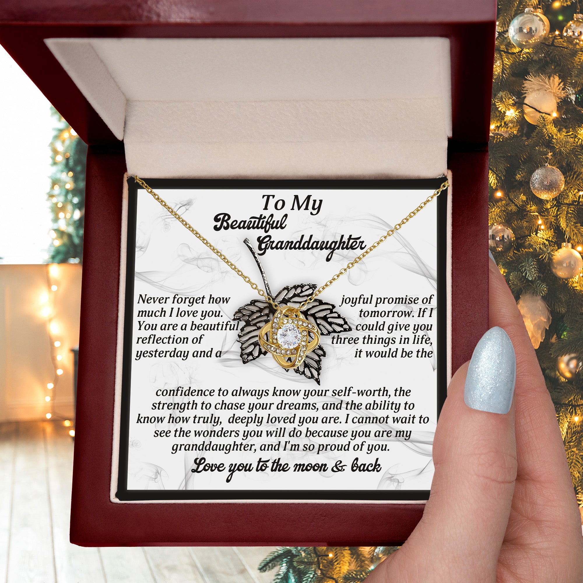 To My Beautiful Granddaughter – Love Knot Necklace Gift | “Love You to the Moon & Back” Message Card | Grandparent Gift for Birthday, Graduation, or Christmas
