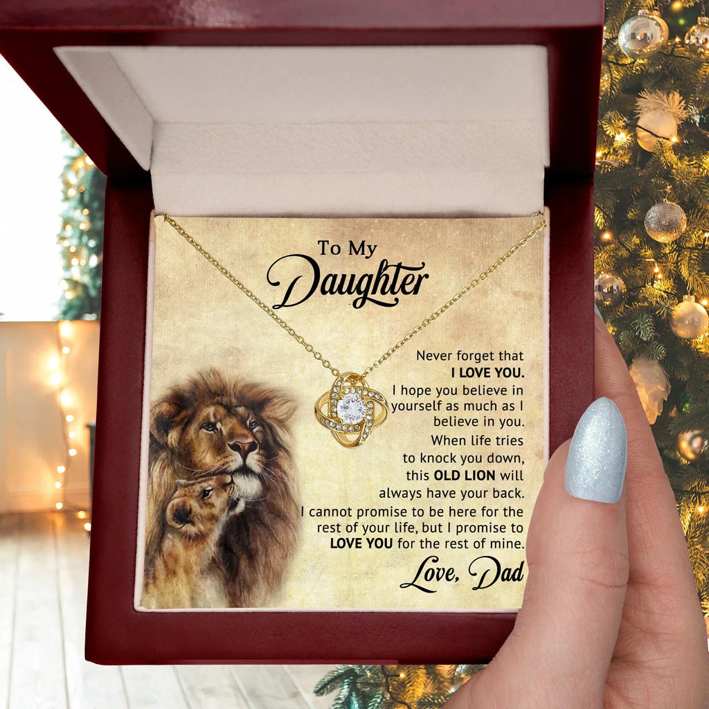 To My Daughter – “Old Lion” Dad & Daughter Love Knot Necklace | Inspirational Father-to-Daughter Gift with Heartfelt Lion Message Card
