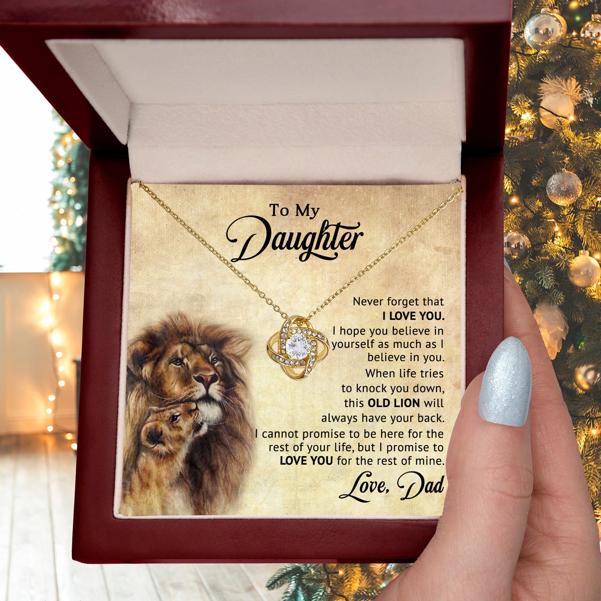 To My Daughter – “Old Lion” Dad & Daughter Love Knot Necklace | Inspirational Father-to-Daughter Gift with Heartfelt Lion Message Card - Mallard Moon