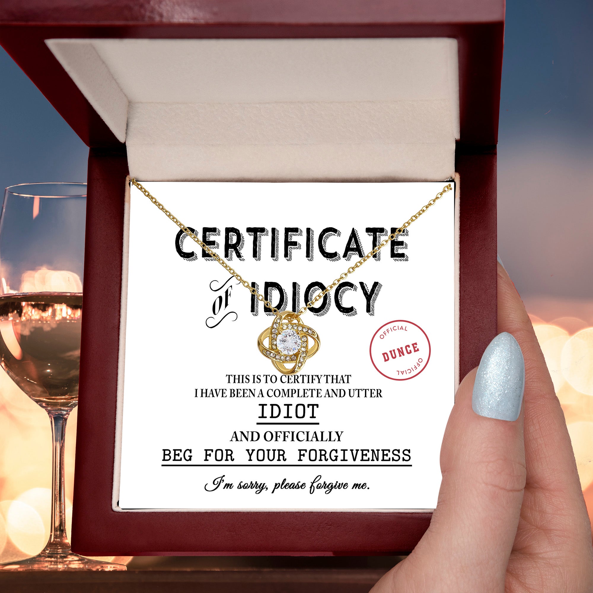 Apology Gift for Girlfriend, Wife, Soulmate - Sorry, Certificate Of Idiocy - Love Knot Pendant Necklace - Mallard Moon