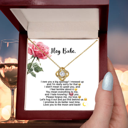 Hey Babe – I’m Sorry Love Knot Necklace | Heartfelt Apology Gift for Partner with Message Card - Mallard Moon