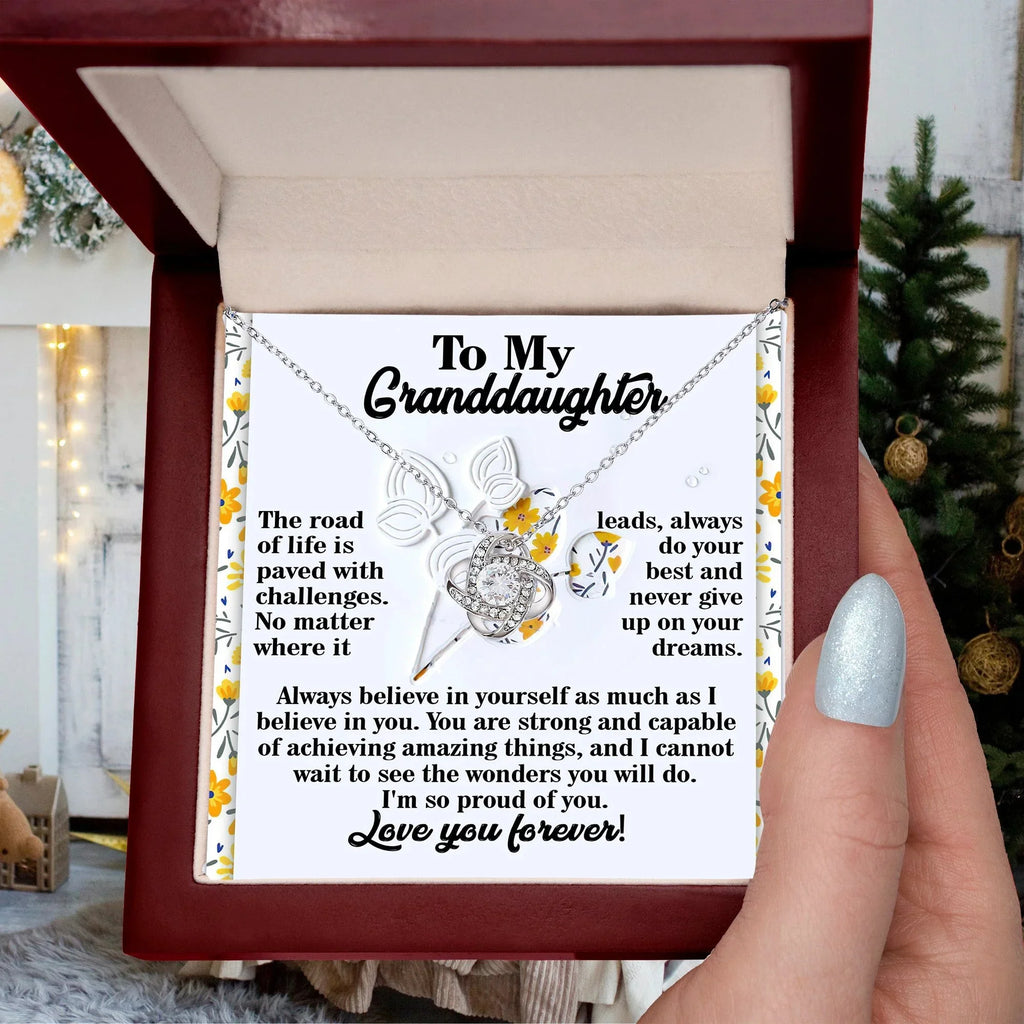 To My Granddaughter – Love Knot Necklace Gift | “Always Believe in Yourself” Encouragement Message Card | Grandparent Gift for Birthday, Graduation & Christmas