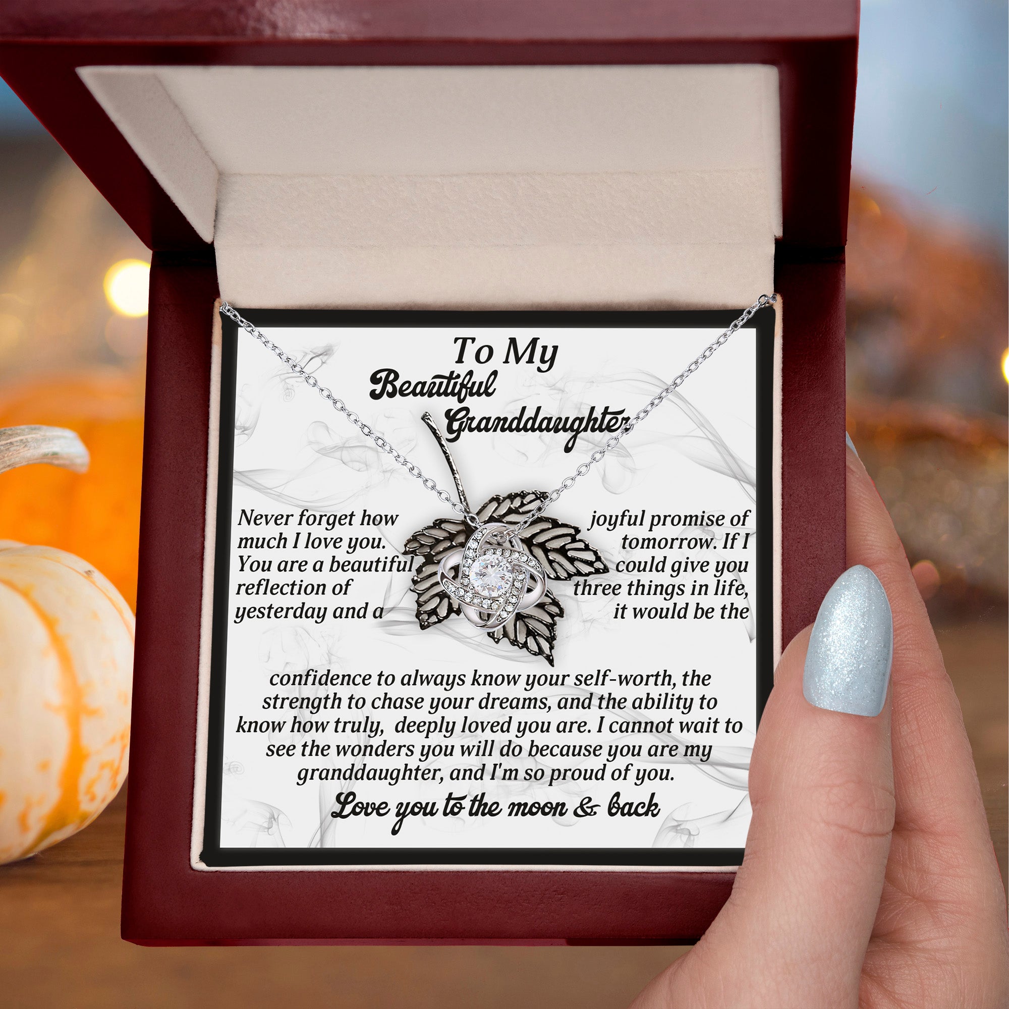 To My Beautiful Granddaughter – Love Knot Necklace Gift | “Love You to the Moon & Back” Message Card | Grandparent Gift for Birthday, Graduation, or Christmas