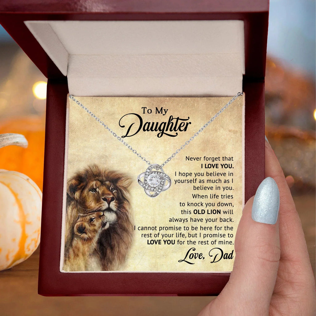 To My Daughter – “Old Lion” Dad & Daughter Love Knot Necklace | Inspirational Father-to-Daughter Gift with Heartfelt Lion Message Card
