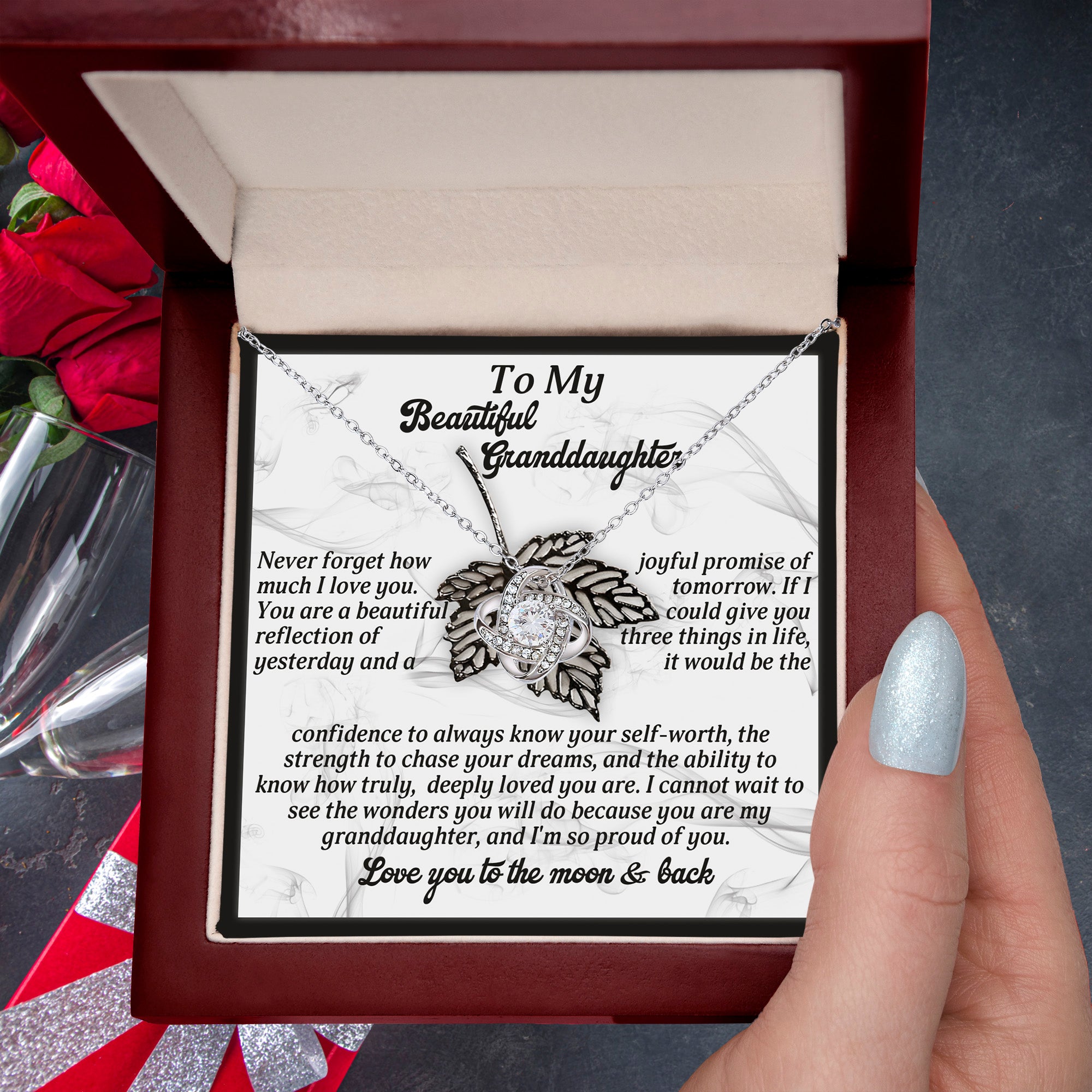 To My Beautiful Granddaughter – Love Knot Necklace Gift | “Love You to the Moon & Back” Message Card | Grandparent Gift for Birthday, Graduation, or Christmas