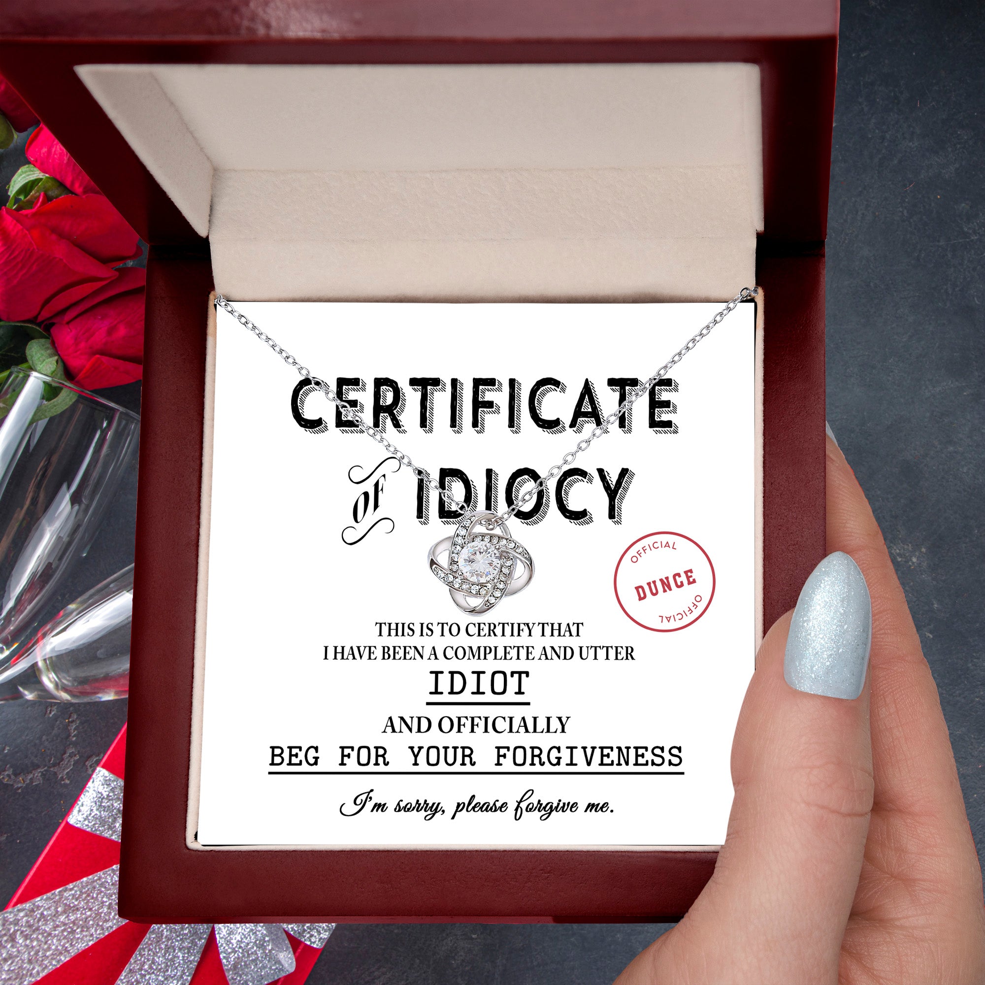 Apology Gift for Girlfriend, Wife, Soulmate - Sorry, Certificate Of Idiocy - Love Knot Pendant Necklace - Mallard Moon