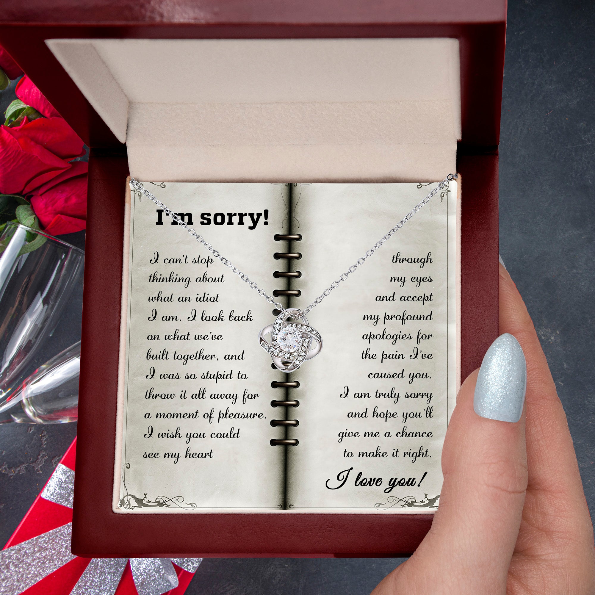 Apology Gift for Girlfriend, Wife, Soulmate - Sorry, What An Idiot - Love Knot Pendant Necklace - Mallard Moon