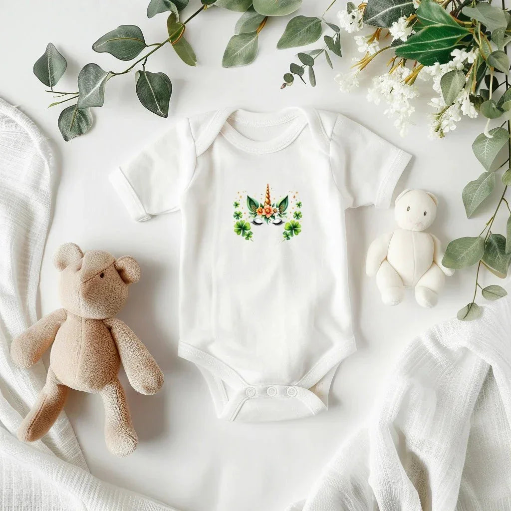 Lucky Unicorn St. Patrick’s Day Baby Bodysuit – Cute Shamrock & Floral Onesie – Soft Cotton Infant Romper – Irish Holiday Outfit & Baby Shower Gift