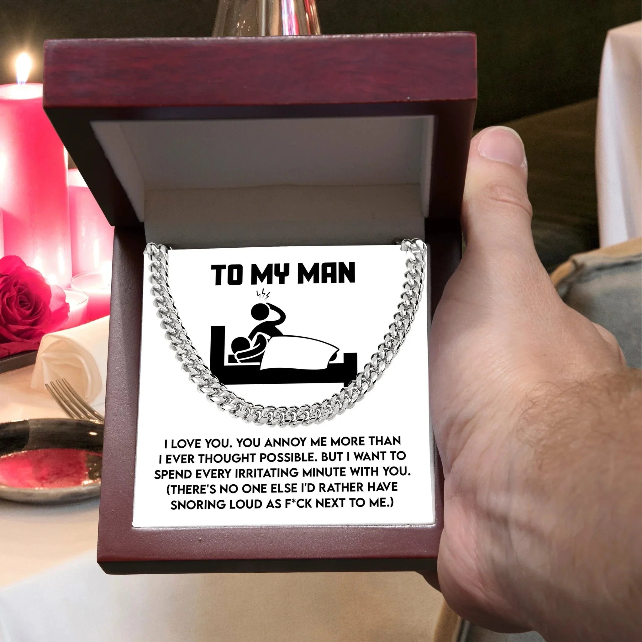 Gift for Husband, Boyfriend, or Soulmate - Cuban Chain Necklace with Funny 'To My Man' Message Card