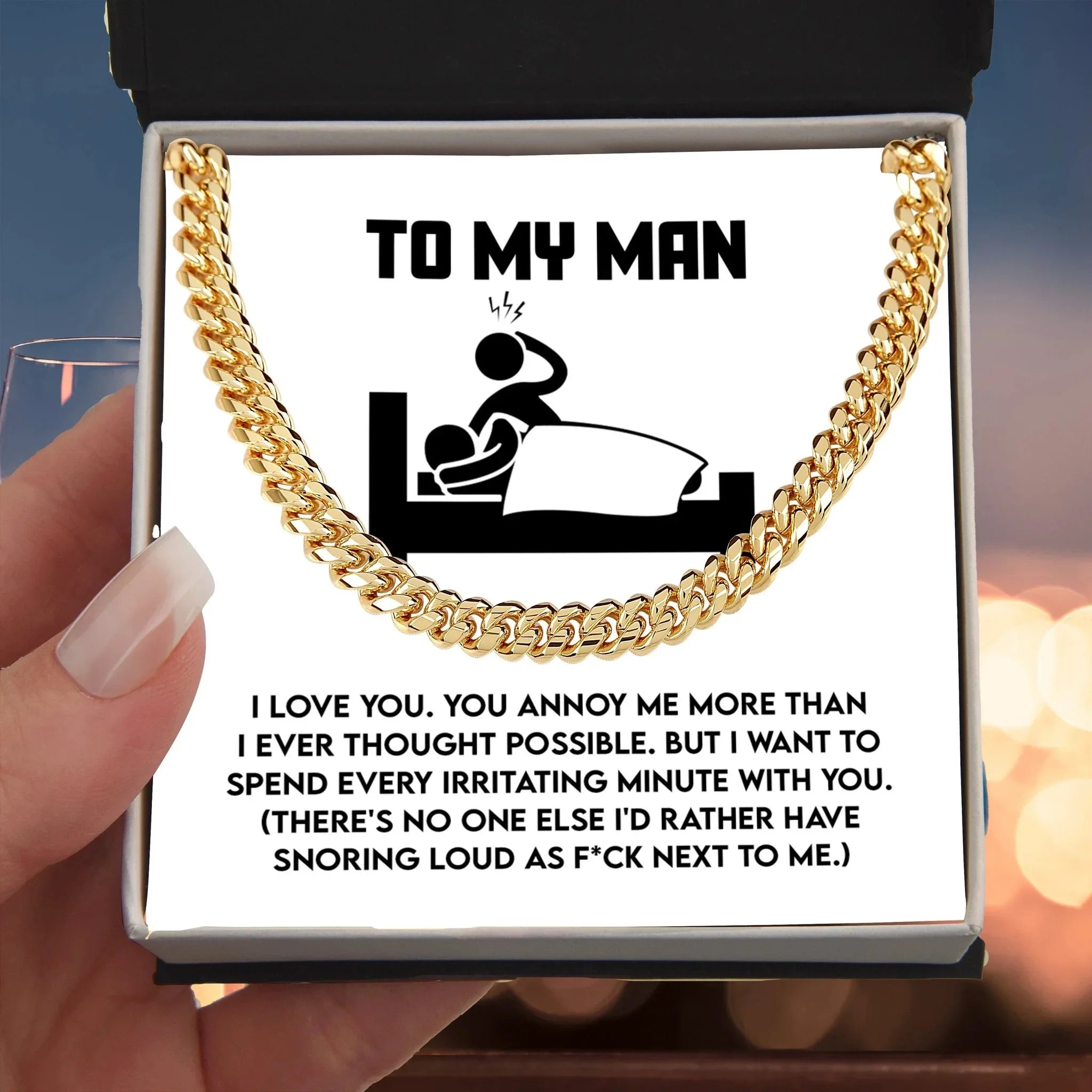 Gift for Husband, Boyfriend, or Soulmate - Cuban Chain Necklace with Funny 'To My Man' Message Card