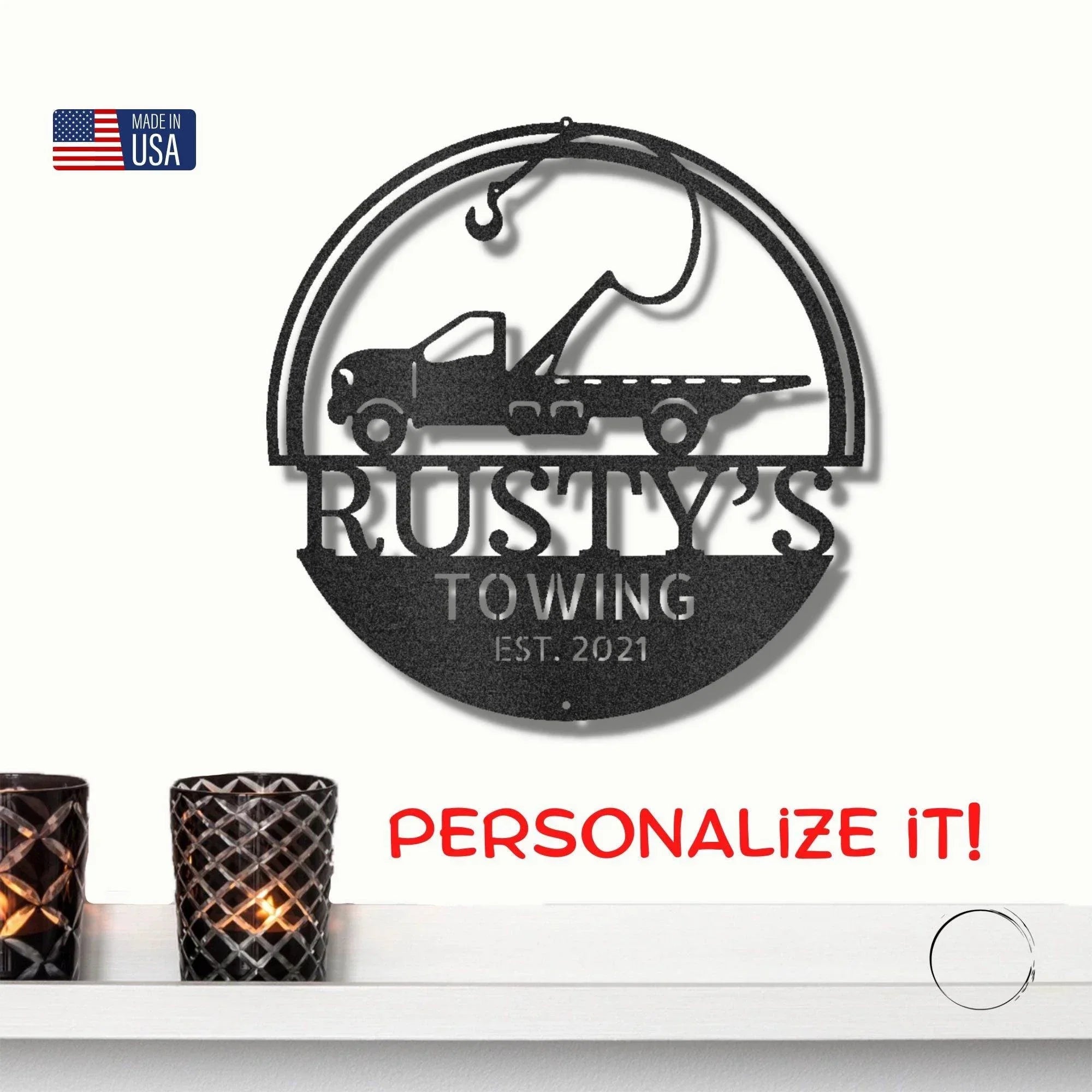 Tow Truck Custom Name Indoor Outdoor Steel Wall Sign