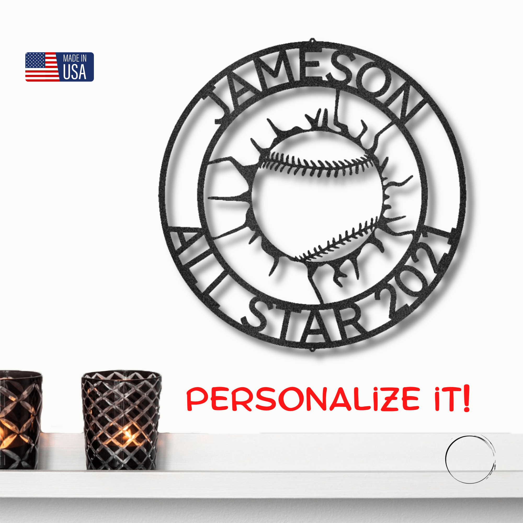 Baseball Custom Name Metal Art Wall Sign - Mallard Moon Gift Shop