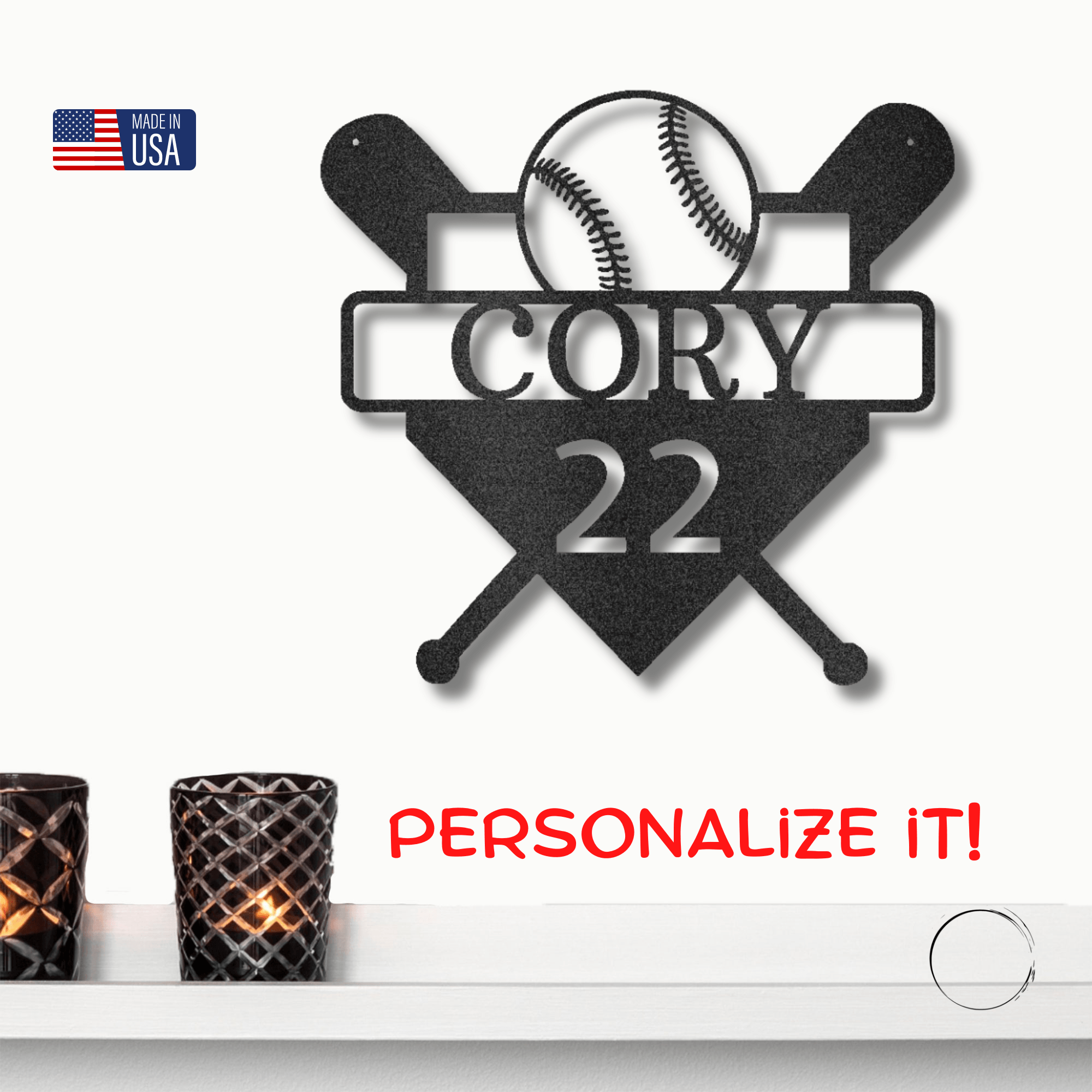 Baseball Home Plate Custom Name Metal Art Wall Sign - Mallard Moon Gift Shop