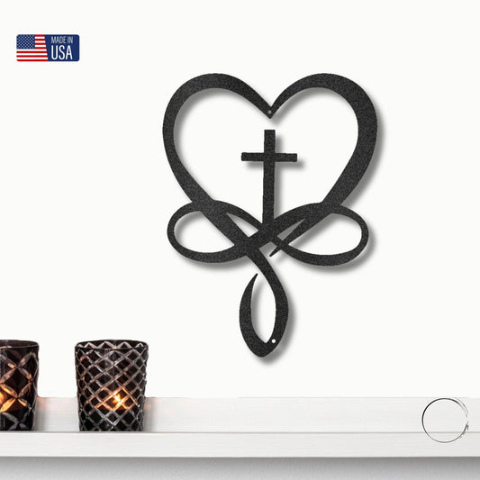 Love Infinity Heart and Cross Metal Art Wall Sign - Mallard Moon Gift Shop