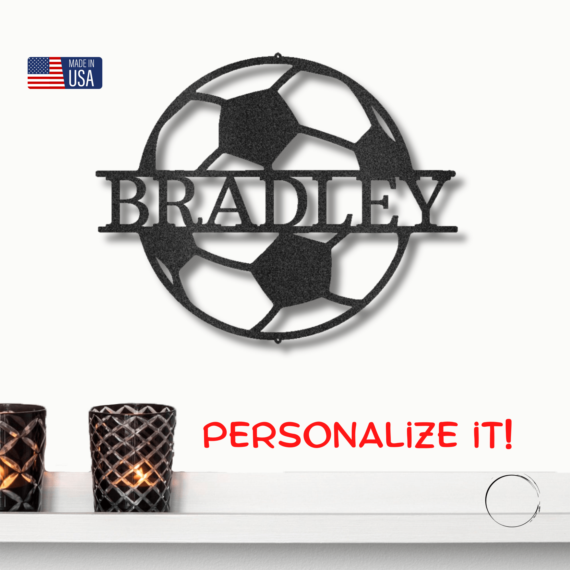 Soccer Ball Custom Name Steel Wall Sign - Mallard Moon Gift Shop