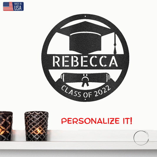 Graduation Cap and Diploma Custom Name Metal Art Wall Sign - Mallard Moon Gift Shop