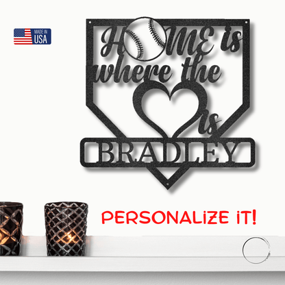 Baseball Home Is Where the Heart Is Custom Name Metal Art Wall Sign - Mallard Moon Gift Shop