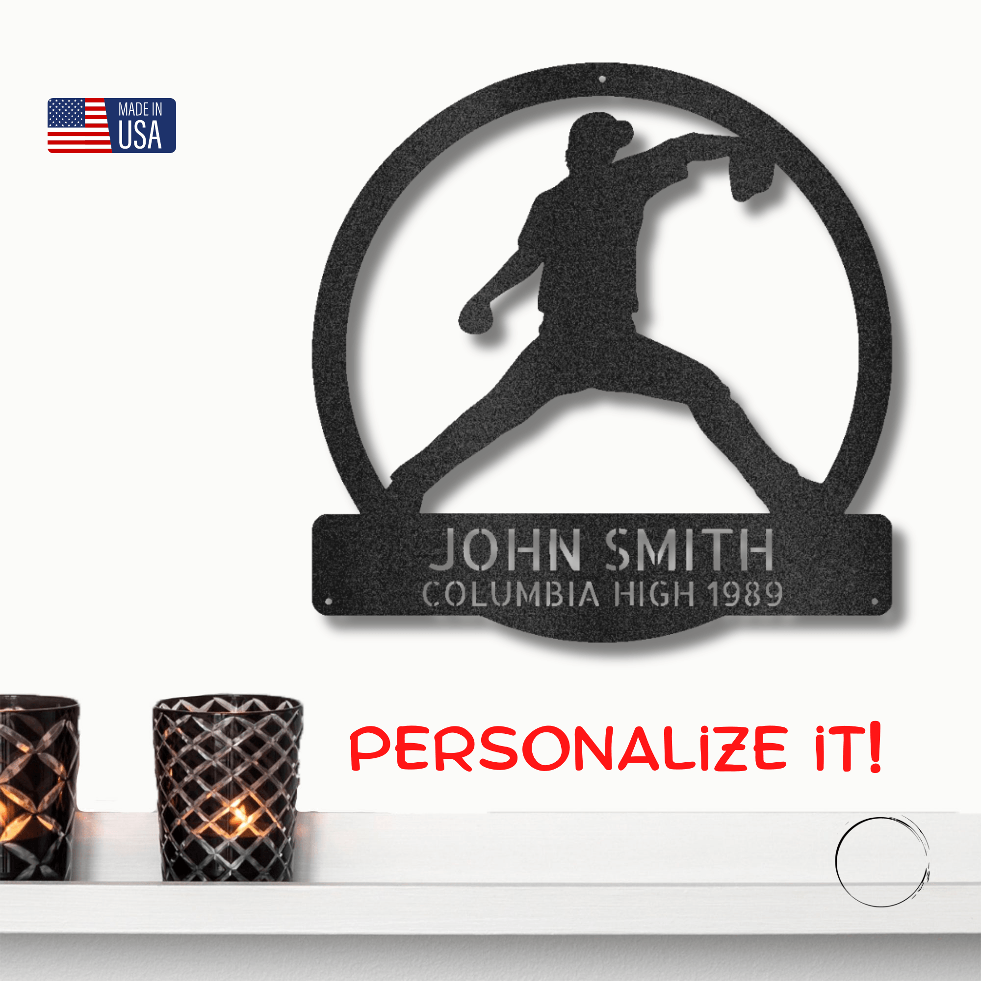 Baseball Pitcher Custom Name Metal Art Wall Sign - Mallard Moon Gift Shop