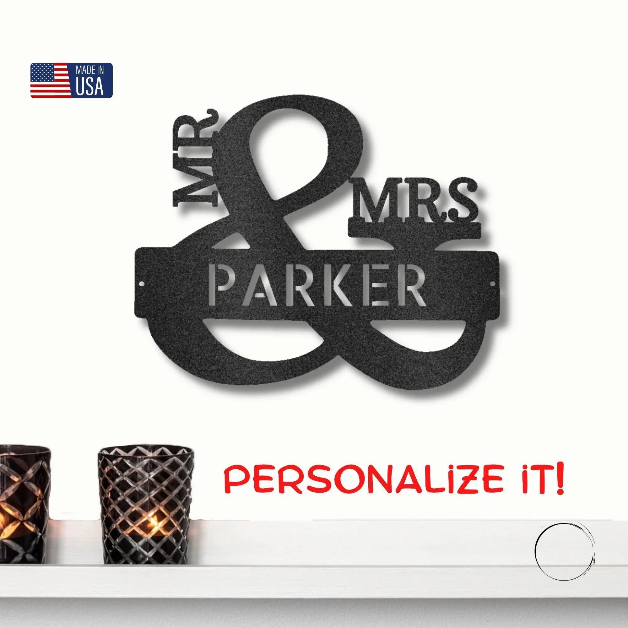 Couples Mr. and Mrs. Custom Name Monogram Indoor Outdoor Steel Wall Sign